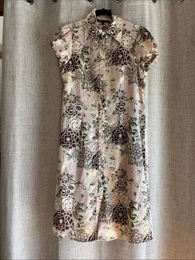 BCBGMaxAzria Floral Silk Button-Front Dress in Pink, Green, Brown